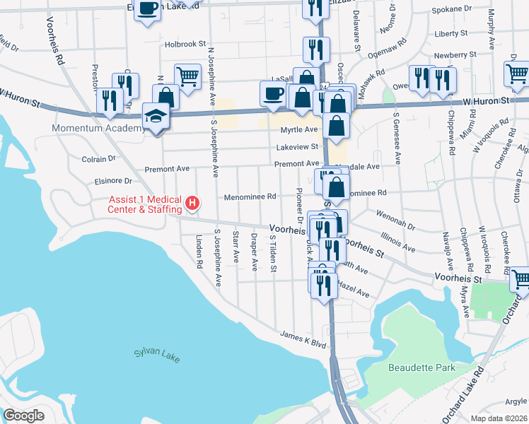 map of restaurants, bars, coffee shops, grocery stores, and more near 998 Voorheis Street in Waterford Township