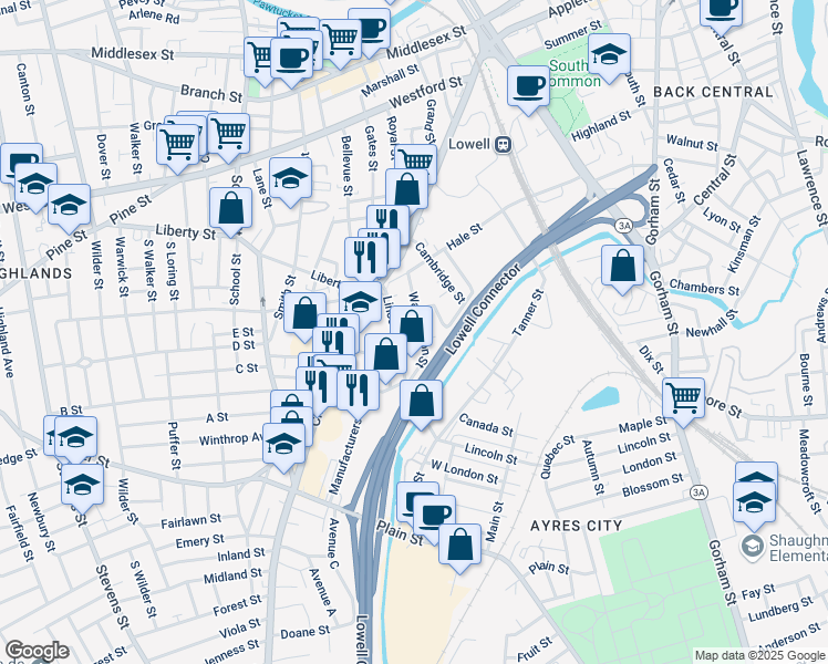 map of restaurants, bars, coffee shops, grocery stores, and more near 75 Lincoln Street in Lowell