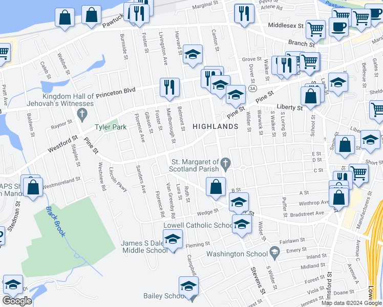 map of restaurants, bars, coffee shops, grocery stores, and more near 38 Oakland Street in Lowell