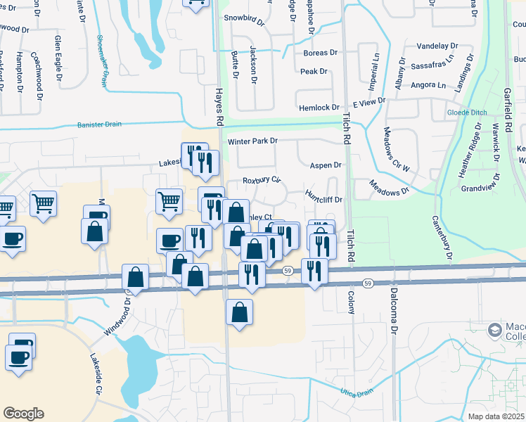 map of restaurants, bars, coffee shops, grocery stores, and more near 15450 Ashley Court in Macomb