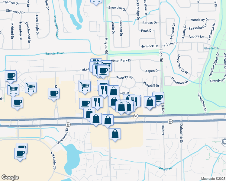 map of restaurants, bars, coffee shops, grocery stores, and more near 15344 Ashley Court in Macomb