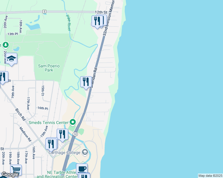 map of restaurants, bars, coffee shops, grocery stores, and more near 522 16th Street in Kenosha