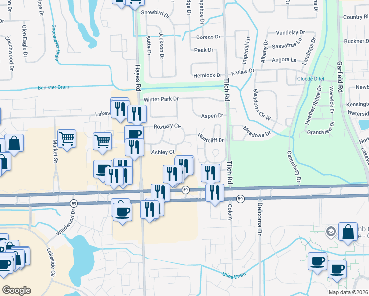 map of restaurants, bars, coffee shops, grocery stores, and more near 15526 Ashley Court in Macomb