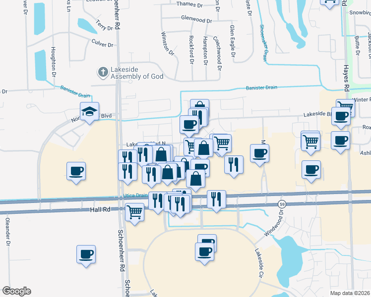 map of restaurants, bars, coffee shops, grocery stores, and more near 14105 Hall Road in Macomb County