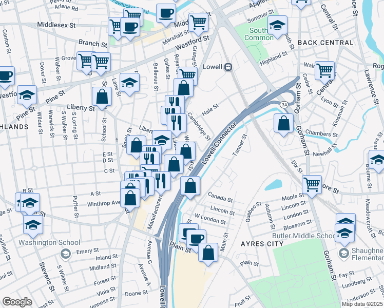 map of restaurants, bars, coffee shops, grocery stores, and more near 66 Washington Street in Lowell