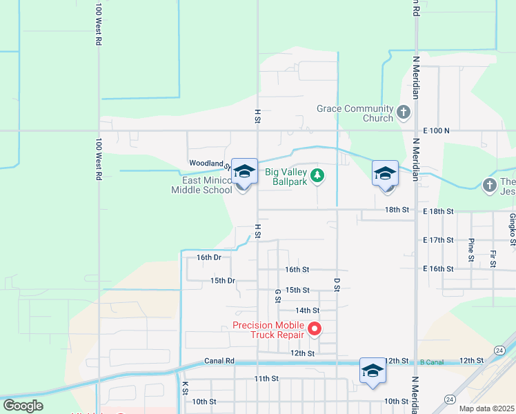 map of restaurants, bars, coffee shops, grocery stores, and more near 1805 H Street in Rupert
