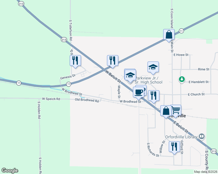 map of restaurants, bars, coffee shops, grocery stores, and more near 602 West Brodhead Street in Orfordville