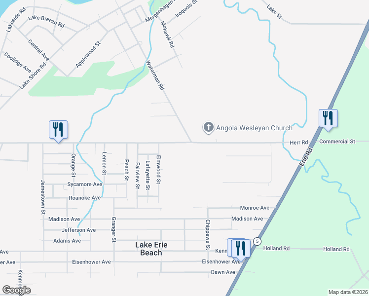 map of restaurants, bars, coffee shops, grocery stores, and more near 607 Herr Road in Angola