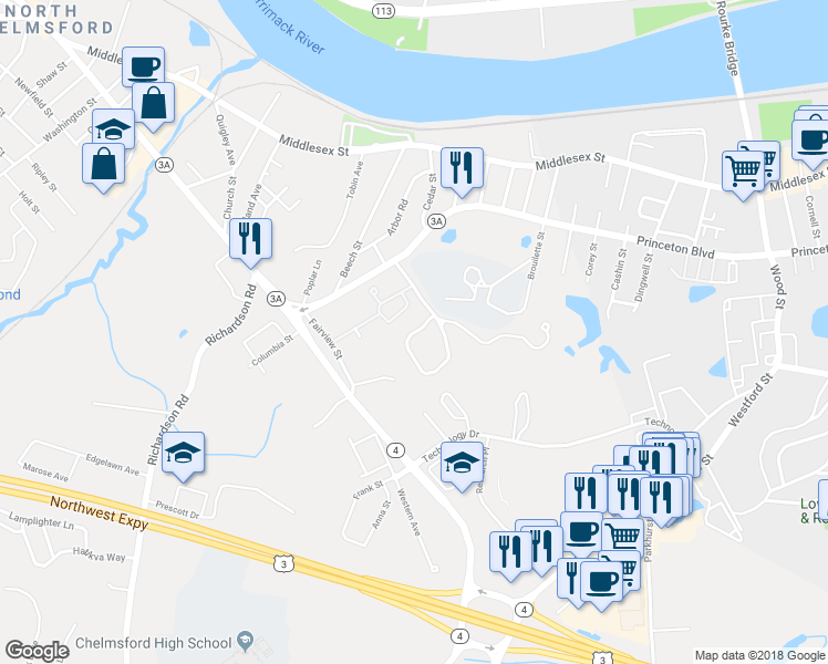 map of restaurants, bars, coffee shops, grocery stores, and more near 7 Augusta Way in Chelmsford