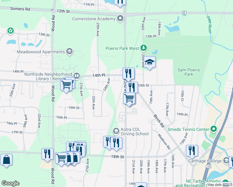 map of restaurants, bars, coffee shops, grocery stores, and more near 1525 24th Avenue in Kenosha