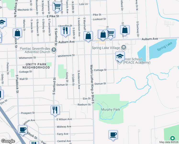 map of restaurants, bars, coffee shops, grocery stores, and more near 295 South Marshall Street in Pontiac