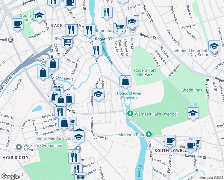 map of restaurants, bars, coffee shops, grocery stores, and more near 35 Griffin Street in Lowell