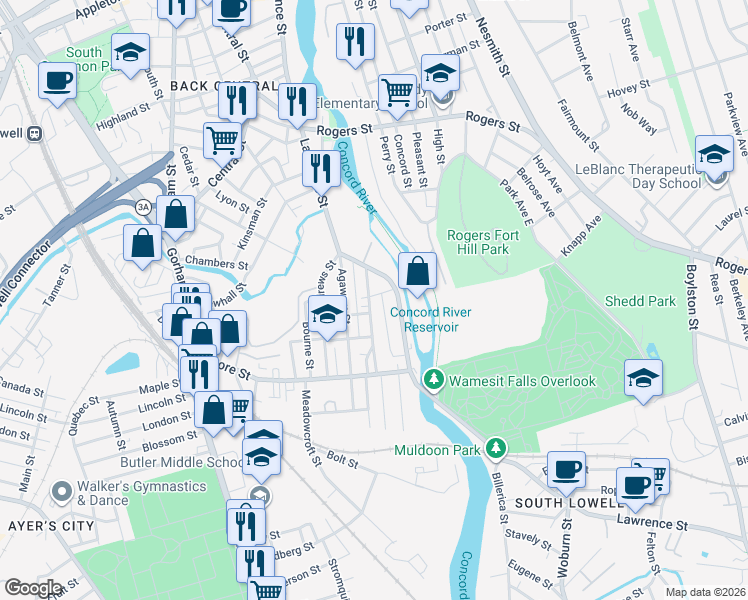 map of restaurants, bars, coffee shops, grocery stores, and more near 35 Griffin Street in Lowell
