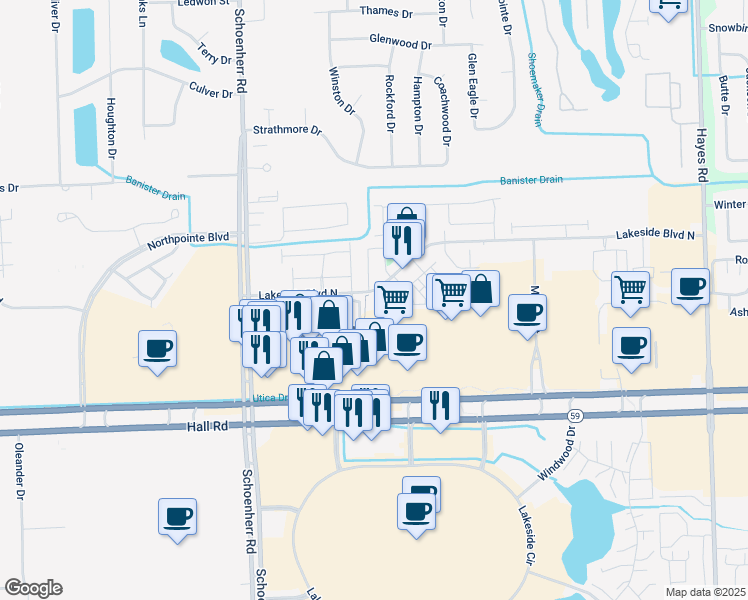 map of restaurants, bars, coffee shops, grocery stores, and more near 14105 Hall Road in Macomb County