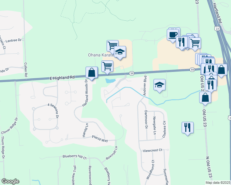map of restaurants, bars, coffee shops, grocery stores, and more near 1871 Oak Brooke Drive in Howell