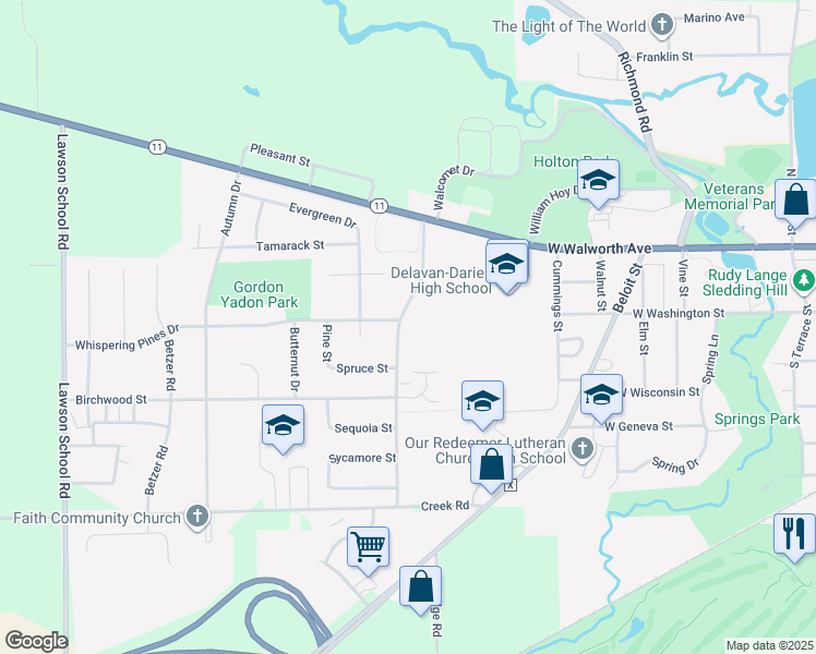 map of restaurants, bars, coffee shops, grocery stores, and more near 233 Turtle Creek Drive in Delavan