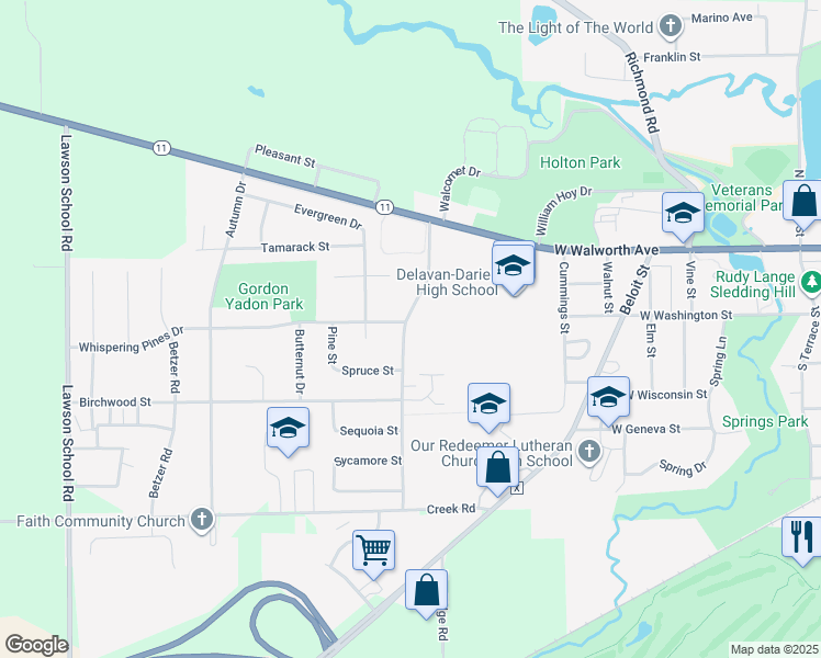 map of restaurants, bars, coffee shops, grocery stores, and more near 233 Turtle Creek Drive in Delavan