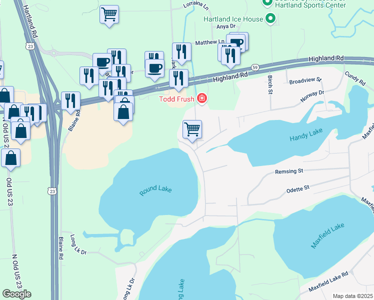map of restaurants, bars, coffee shops, grocery stores, and more near 1761 Shoreline Drive in Hartland
