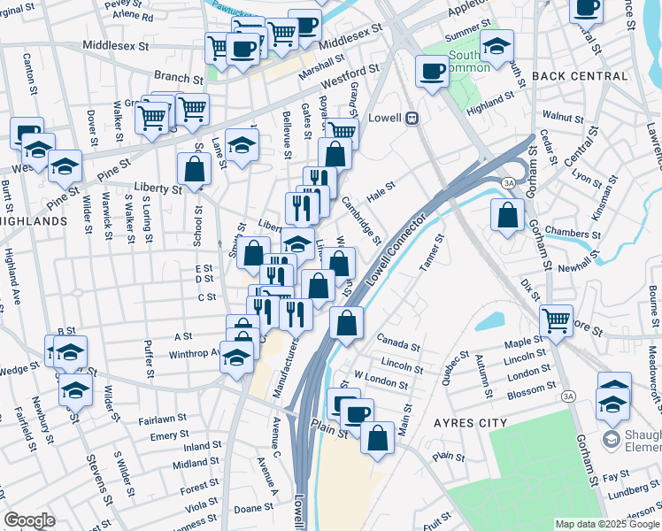 map of restaurants, bars, coffee shops, grocery stores, and more near 54 Lincoln Street in Lowell