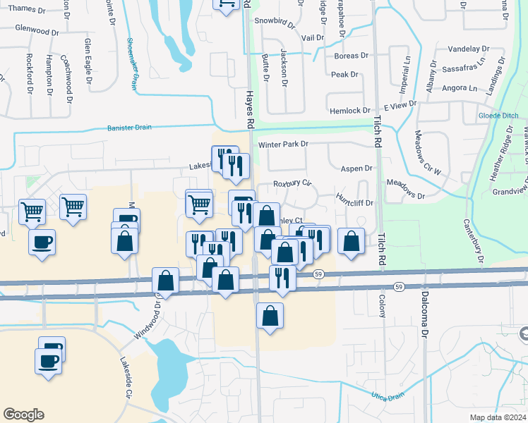 map of restaurants, bars, coffee shops, grocery stores, and more near 15216 Ashley Court in Macomb