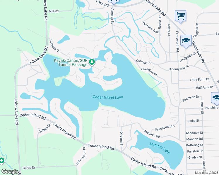 map of restaurants, bars, coffee shops, grocery stores, and more near 698 Ranveen Drive in White Lake charter Township