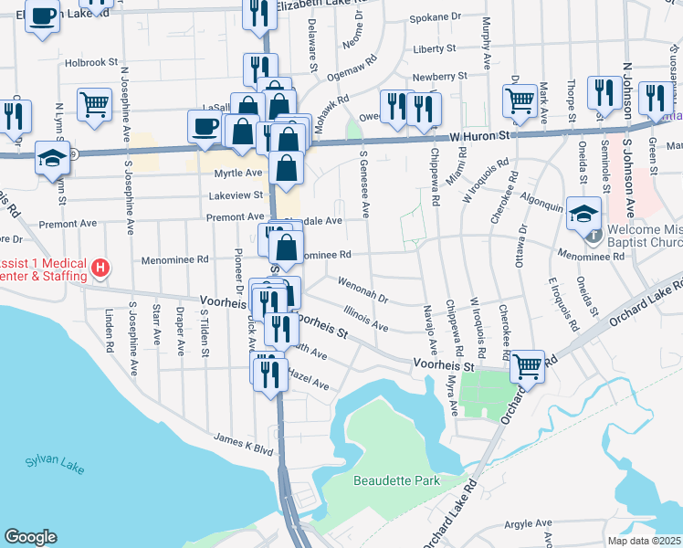 map of restaurants, bars, coffee shops, grocery stores, and more near 802 Menominee Road in Pontiac