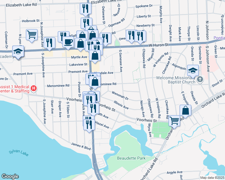 map of restaurants, bars, coffee shops, grocery stores, and more near 116 Wenonah Drive in Pontiac