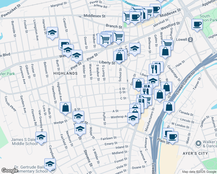 map of restaurants, bars, coffee shops, grocery stores, and more near 151 Shaw Street in Lowell