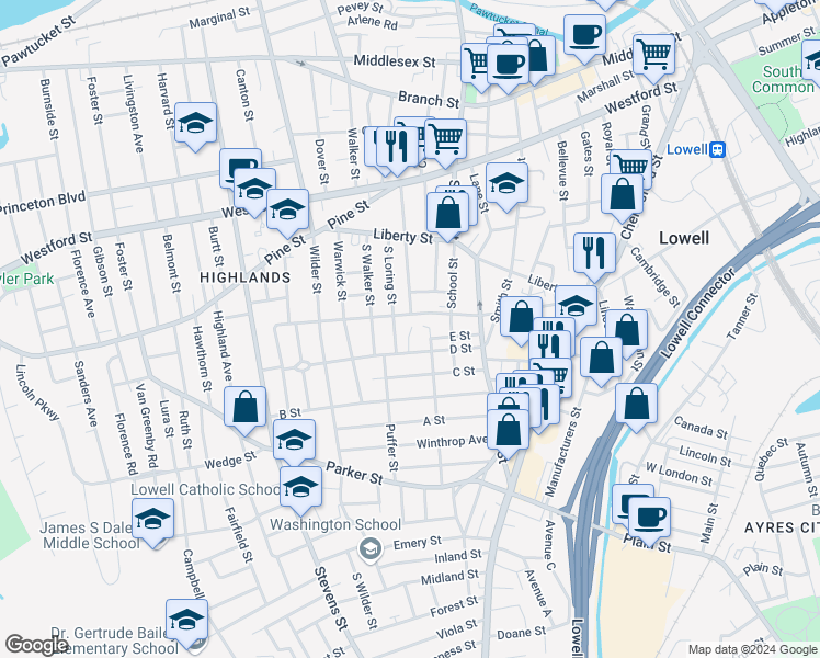 map of restaurants, bars, coffee shops, grocery stores, and more near 151 Shaw Street in Lowell