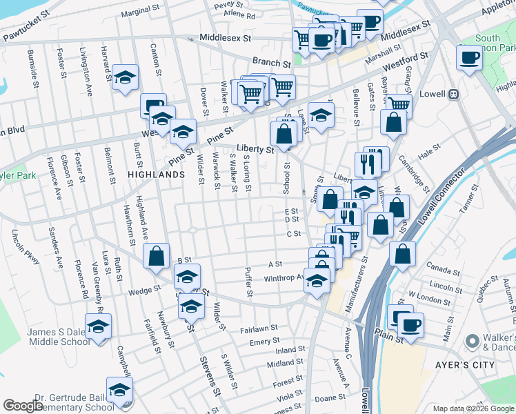 map of restaurants, bars, coffee shops, grocery stores, and more near 151 Shaw Street in Lowell