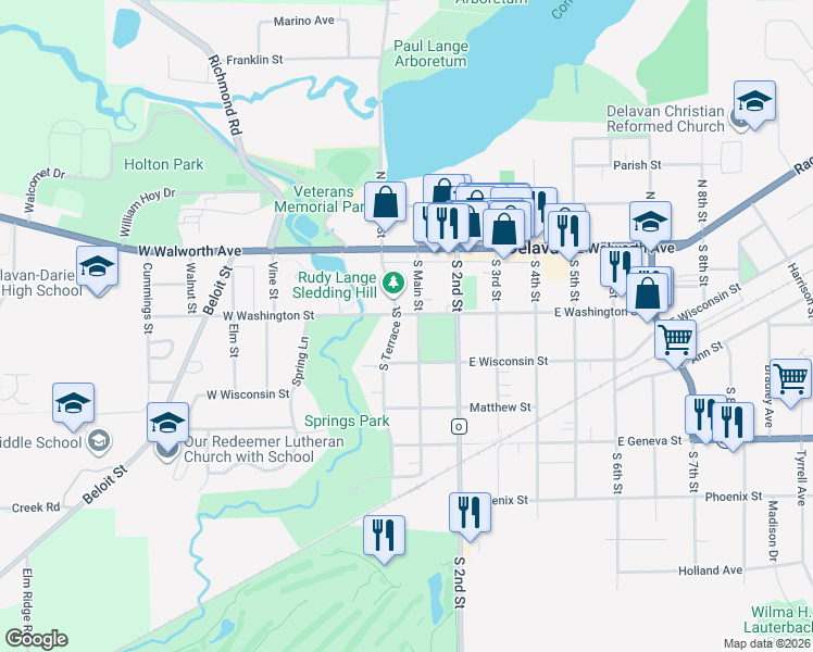 map of restaurants, bars, coffee shops, grocery stores, and more near 132 South Main Street in Delavan