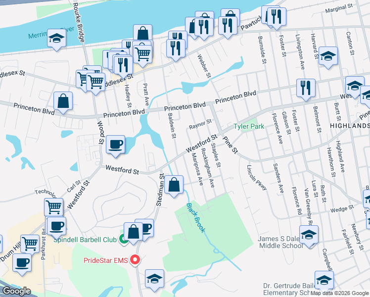 map of restaurants, bars, coffee shops, grocery stores, and more near 97 Raynor Street in Lowell