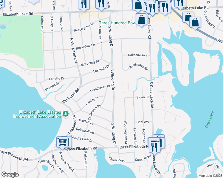 map of restaurants, bars, coffee shops, grocery stores, and more near 560 South Winding Drive in Waterford Township
