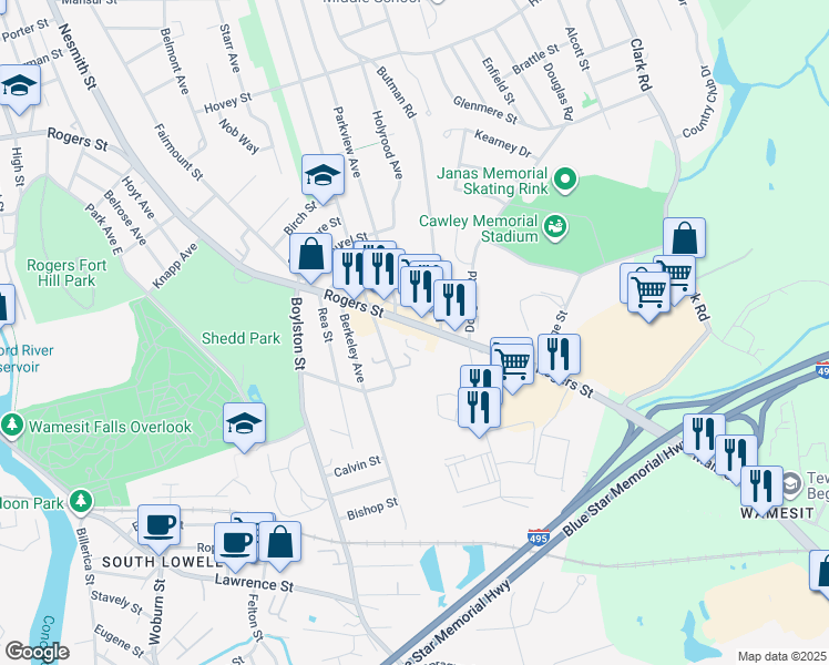 map of restaurants, bars, coffee shops, grocery stores, and more near 39 Whitehead Avenue in Lowell