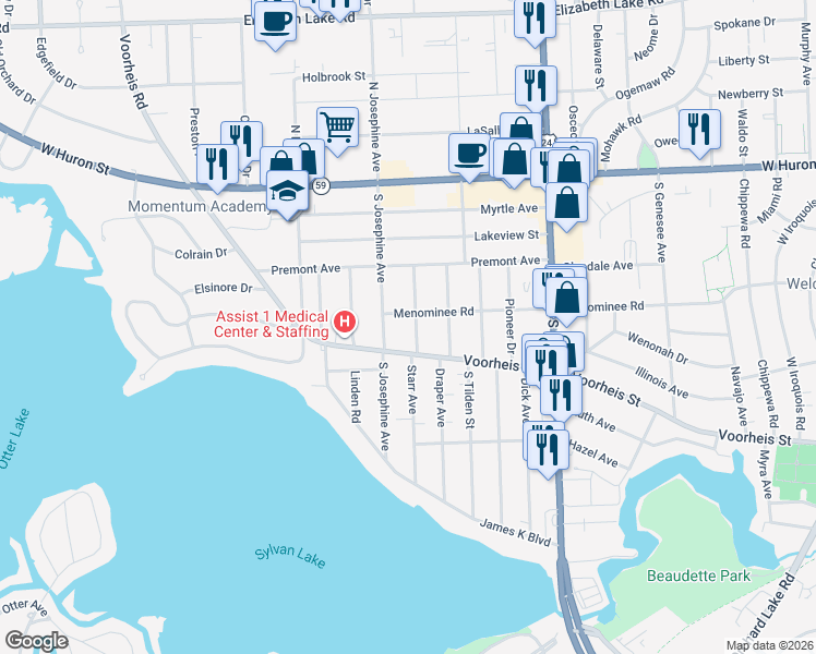 map of restaurants, bars, coffee shops, grocery stores, and more near 142 Starr Avenue in Waterford Township