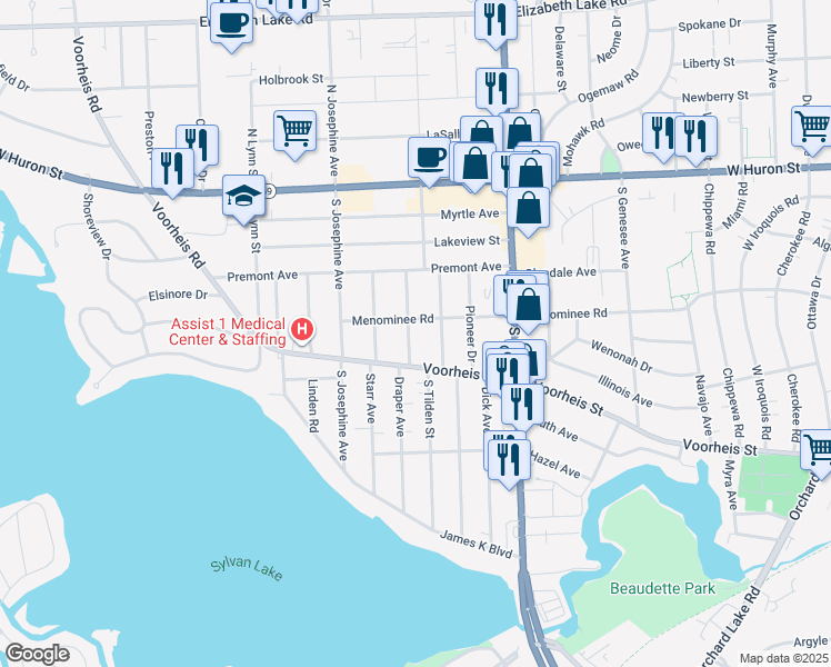 map of restaurants, bars, coffee shops, grocery stores, and more near 115 Draper Avenue in Waterford Township