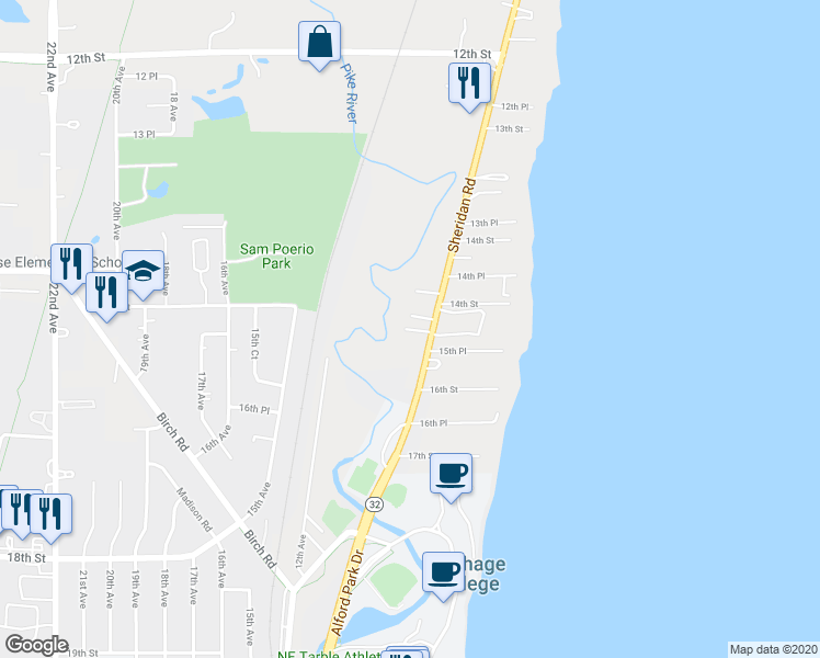 map of restaurants, bars, coffee shops, grocery stores, and more near 1530 Sheridan Rd in Kenosha