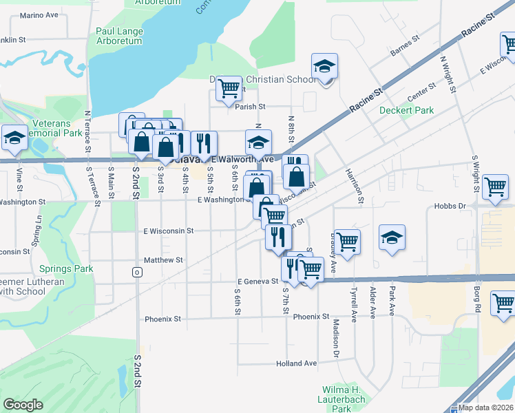 map of restaurants, bars, coffee shops, grocery stores, and more near 212 South 7th Street in Delavan