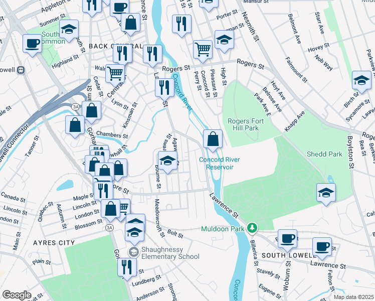 map of restaurants, bars, coffee shops, grocery stores, and more near 7 Whipple Street in Lowell