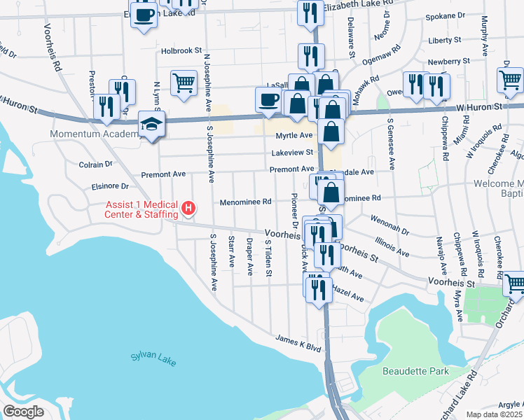 map of restaurants, bars, coffee shops, grocery stores, and more near 115 Draper Avenue in Waterford Township