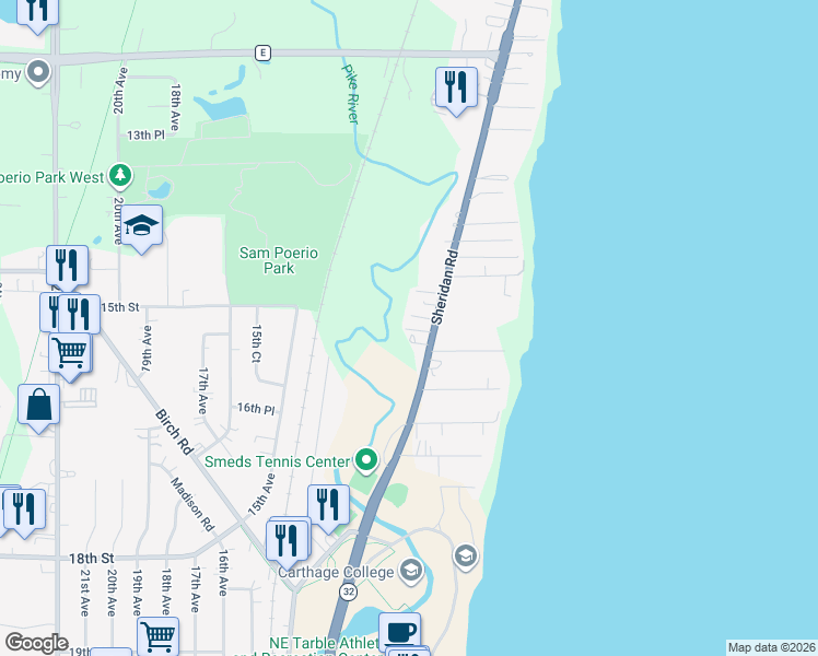 map of restaurants, bars, coffee shops, grocery stores, and more near 1516 Sheridan Road in Kenosha