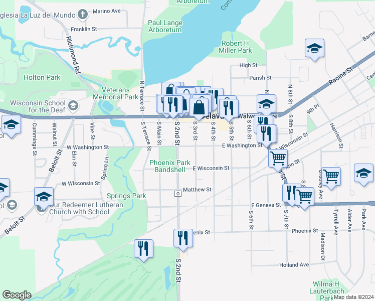 map of restaurants, bars, coffee shops, grocery stores, and more near 130 South 3rd Street in Delavan