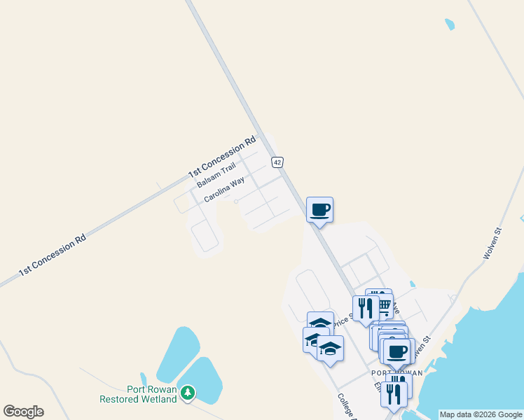 map of restaurants, bars, coffee shops, grocery stores, and more near 6 Walsingham Drive in Port Rowan