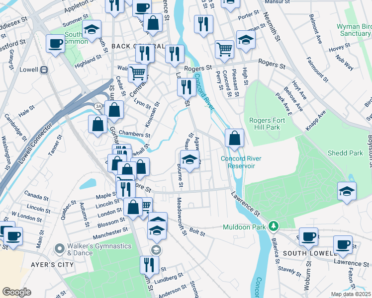 map of restaurants, bars, coffee shops, grocery stores, and more near 52 Andrews Street in Lowell