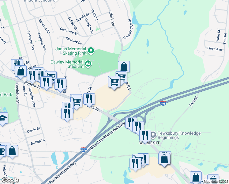 map of restaurants, bars, coffee shops, grocery stores, and more near 10 Main Street in Tewksbury