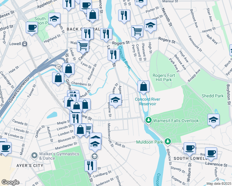 map of restaurants, bars, coffee shops, grocery stores, and more near 50 Andrews Street in Lowell