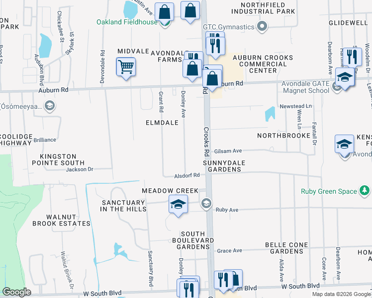 map of restaurants, bars, coffee shops, grocery stores, and more near 3243 Donley Avenue in Rochester Hills