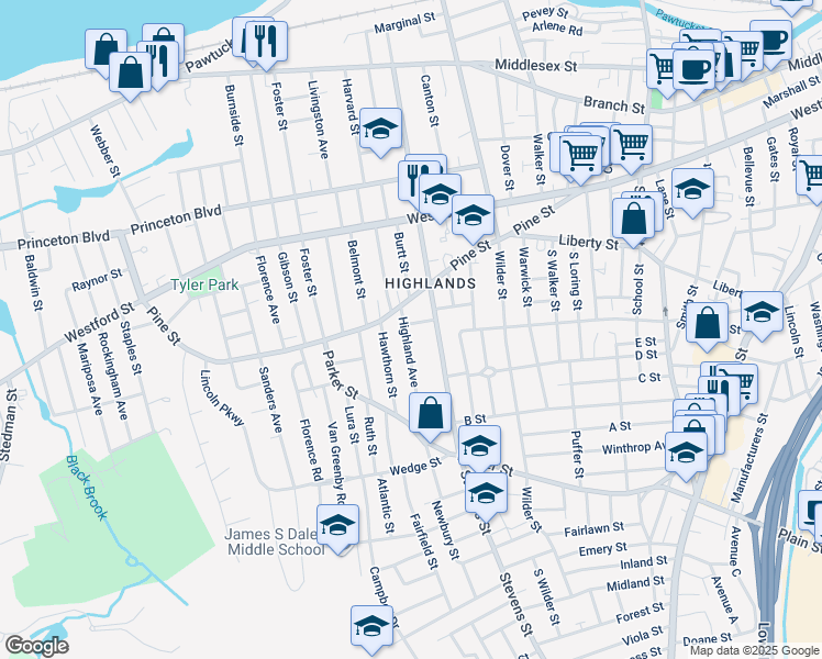 map of restaurants, bars, coffee shops, grocery stores, and more near 206 Pine Street in Lowell