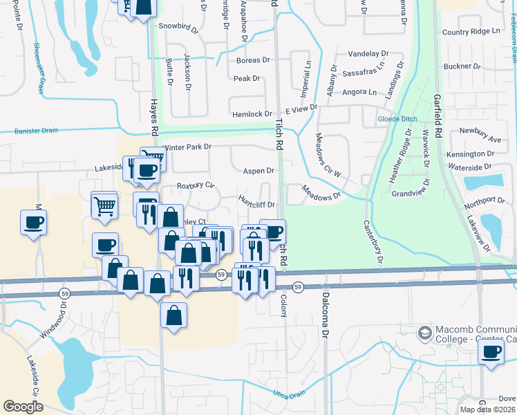 map of restaurants, bars, coffee shops, grocery stores, and more near 45503 Essex Drive in Macomb