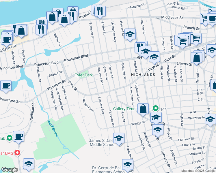 map of restaurants, bars, coffee shops, grocery stores, and more near 277 Gibson Street in Lowell
